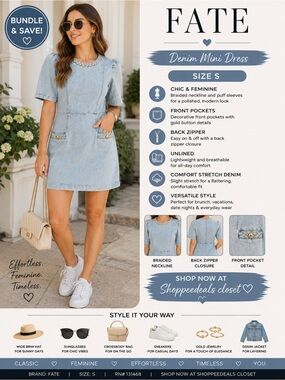 Fate Light Wash Denim Mini Dress with Braided Trim & Gold Button Detail
